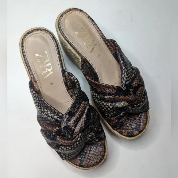 Zara Jute Espadrille Platform Sanda Size 37 Brown Snake 6.5 - Picture 6 of 6